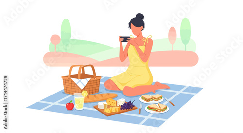 A woman is taking picture while having picnic in the park vector illustration