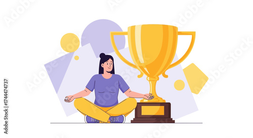 A woman meditates next to a trophy to celebrate success and achievement