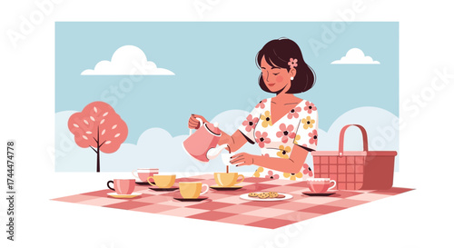 A woman pouring tea outdoors for a leisure activity in a beautiful park with cups waiting