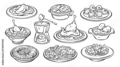 French cuisine line icons set. Outline hand drawn escargots and bouillabaisse, duck confit and onion soup with croutons, salad nicoise. French food mascots, icons collection vector illustration