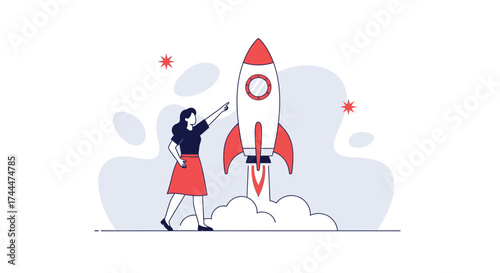 A Woman Points Towards a Rocket Demonstrating Launch, Future, and Business Goals