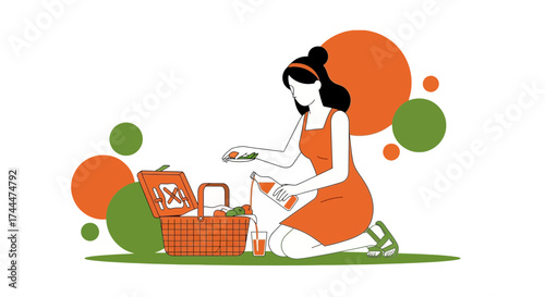 A Woman Preparing for a Relaxing Picnic Outdoors with Food and Refreshments