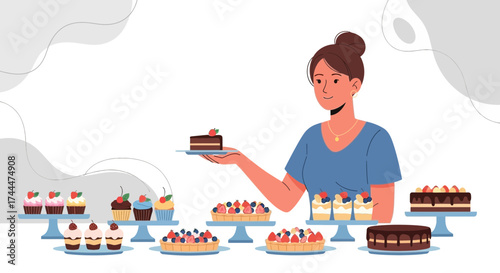 A Woman Showcases Variety Of Exquisite Desserts, Ready For Culinary Delights