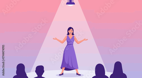 A Woman Taking The Stage As a Performer With Spotlight In Front of an Audience