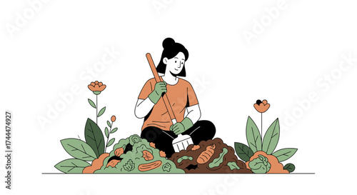 A Woman Tending Organic Garden Soil In A Modern Illustrated Composition