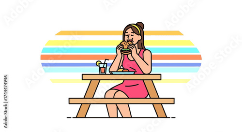 A Woman With Hair Bun Enjoys Eating A Burger At A Picnic Table, Illustration in Linear Style