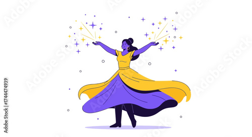A woman with shining stars and spreading arms is dancing in a yellow and purple dress