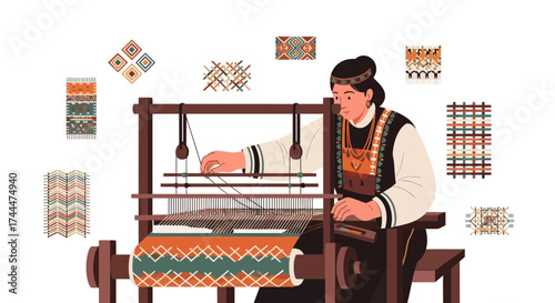 A woman weaving on a loom, depicting traditional textile art and craft activity artwork