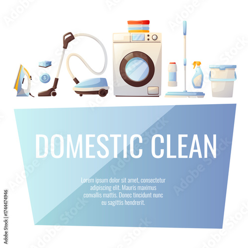 Cleaning services for apartments, residential buildings and commercial buildings. Mop, bucket, cleaning agent, spray, gloves. Set of designs of square postcard, horizontal banner and leaflet.