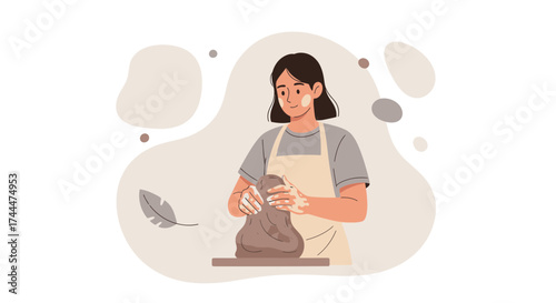 A woman working with clay creating pottery in a studio, arts and crafts illustration