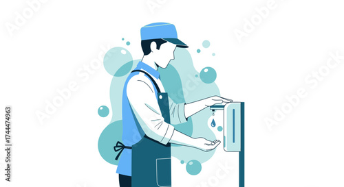 A Worker Sanitizing Hands Using Dispenser for Maintaining Cleanliness and Hygiene