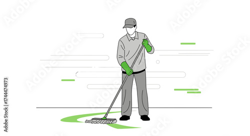 A Worker Performing Cleaning Duties With Mop and Green Gloves, Minimalist Vector Illustration