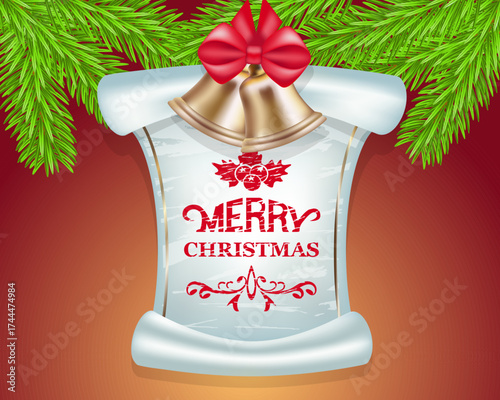 Paper banner with curled corners and text Christmas greeting and bells with red bow vector image