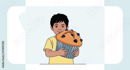 A Young Boy Joyfully Holding and Embracing an Oversized Blueberry Muffin Deliciousness