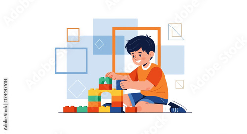 A young boy playing with colorful blocks building a toy structure, illustration