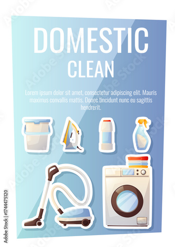 Cleaning services for apartments, residential buildings and commercial buildings. Mop, bucket, cleaning agent, spray, gloves. Set of designs of square postcard, horizontal banner and leaflet.