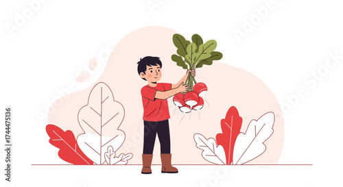 A young boy proudly displays a bunch of freshly harvested radishes from the garden