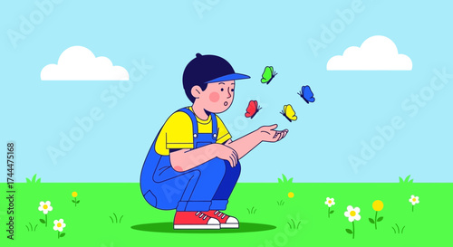 A young boy watching and interacting with butterflies in a vibrant green meadow