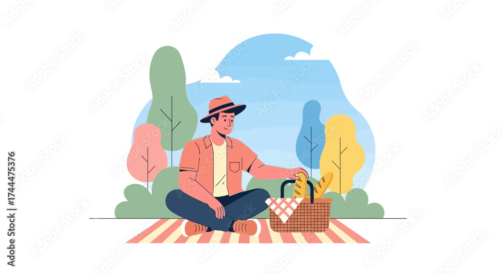 Obraz premium A Young Man Enjoying An Outdoor Picnic With A Basket And Scenic Forest Background