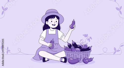 A Young Joyful Gardener Harvesting Fresh Eggplants From Her Cultivated Garden