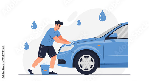 A Young Man Carefully Washing His Blue Automobile During A Sunny Weather Day