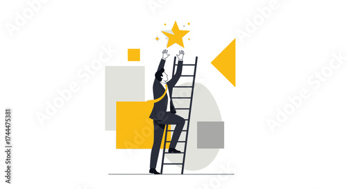 Achieve Aspiration: Businessman Climbing Ladder To Reach Goal, Aiming At Star, Success