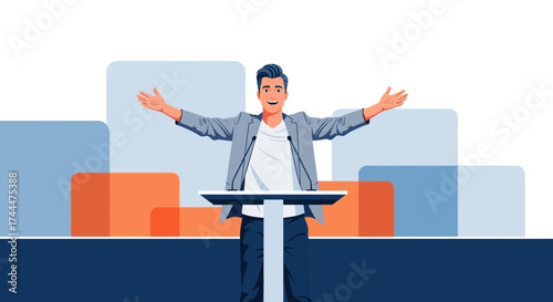 A Young Man Giving a Speech at a Podium with Arms Wide Open, Illustration