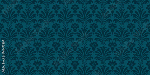 Luxury art deco seamless pattern. Abstract floral geometric ornament with feathers, leaves, foliage. Subtle dark blue design. Vector background in rococo, revival, renaissance, baroque, damask style