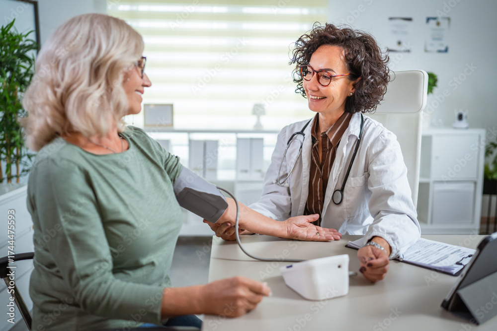 Obraz premium Female doctor checking blood pressure of senior woman in the doctors office