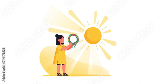 A Young Person With A Garland Holding A Sun Depicting Warmth And Happiness In Illustration