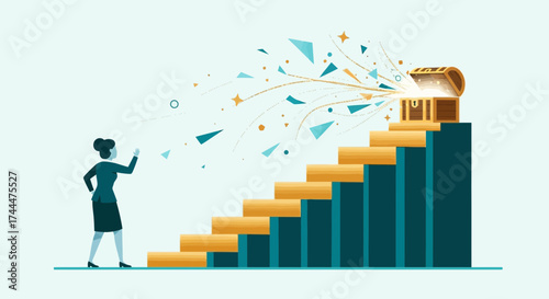 Achievement And Success Concept With Businesswoman Reaching The Top Of The Steps