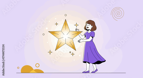 A young woman achieving a golden star representing success and achievement illustration