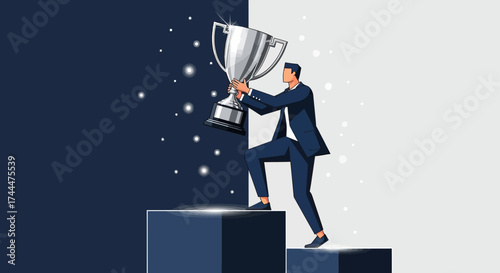 Achievement And Success: Businessperson Ascending To Grasp The Trophy In The Illustration