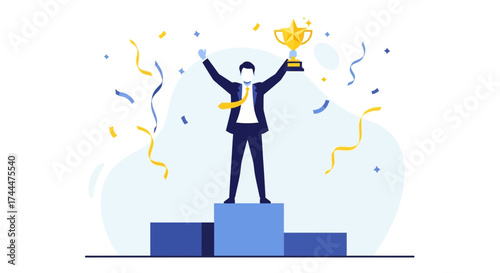 Achievement And Success Depicted With An Illustrated Businessman Holding Award Trophy