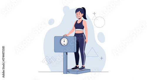 A young woman on a scale checks her weight and considers her health goals