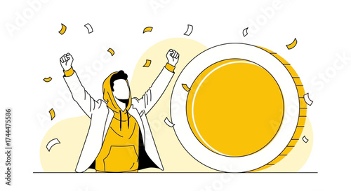 Achievement Celebration: A Cheerful Figure Celebrating Success With Gold Medal and Confetti