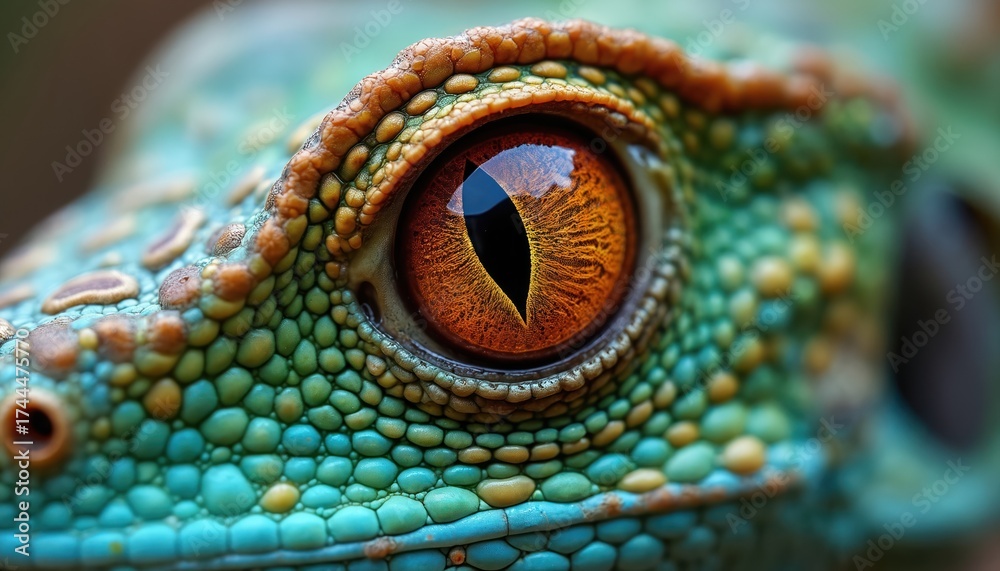 Obraz premium Close up photo of reptile eye. Lizard head with detailed scales is visible. Orange pupil with green and blue skin pattern. Wildlife animals.