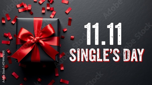 Elegant black gift box with red ribbon and falling red petals for singles day celebration