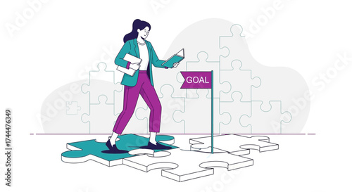 Achieving Business Goals: A Woman Steps Towards Her Objective Through Puzzle Pieces