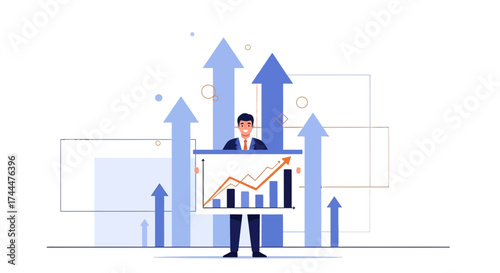 Achieving Business Growth, Represented By Upward Arrows and A Confident Businessman