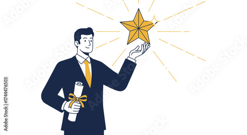 Achieving Excellence: A Man Reaching For A Golden Star To Symbolize Success And Achievement