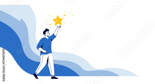 Achieving Excellence: A Man Striving For His Goals And Reaching The Shiny Star