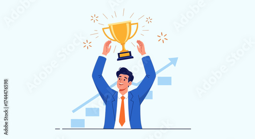 Achieving Success Illustrated: A Businessman Celebrates, Holding Trophy, Progressing Forward