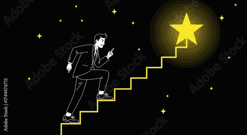Achieving Goals: A Businessman Ascends Stairs Towards a Goal, Abstract Illustration
