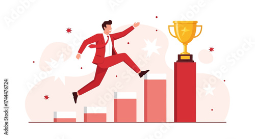 Achieving Goals: A Businessman Jumps Obstacles to Secure a Trophy for Success