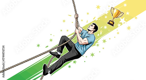 Achieving Goals: A Determined Climber Reaches For The Prize And Success.