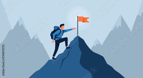 Achieving Goals: A Person Reaching the Summit and Planting a Flag of Success