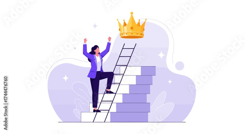 Achieving Goals: A Woman Climbing Towards Success and Reaching the Crown of Victory