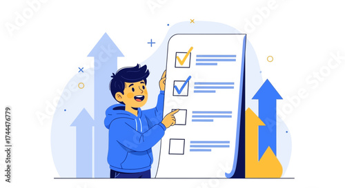 Achieving Goals: A Young Person Marks Off Objectives With Arrows Pointing Upward