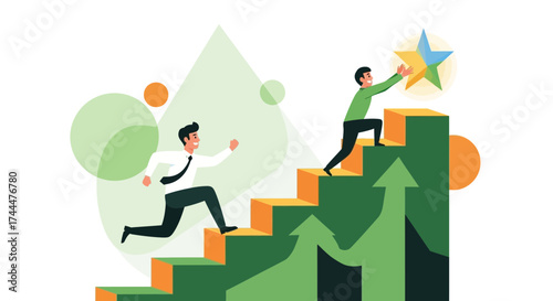 Achieving Goals And Success Illustrated With Businessman Climbing Stairs And Grabbing Star